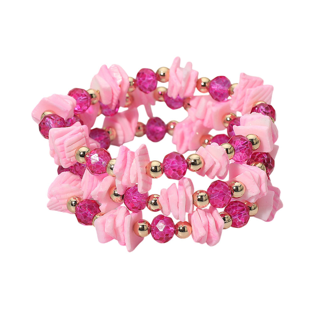 Madeline Love Fuchsia 3PCS - Boho Chip Beaded Stretch Multi Layered Bracelets - desc