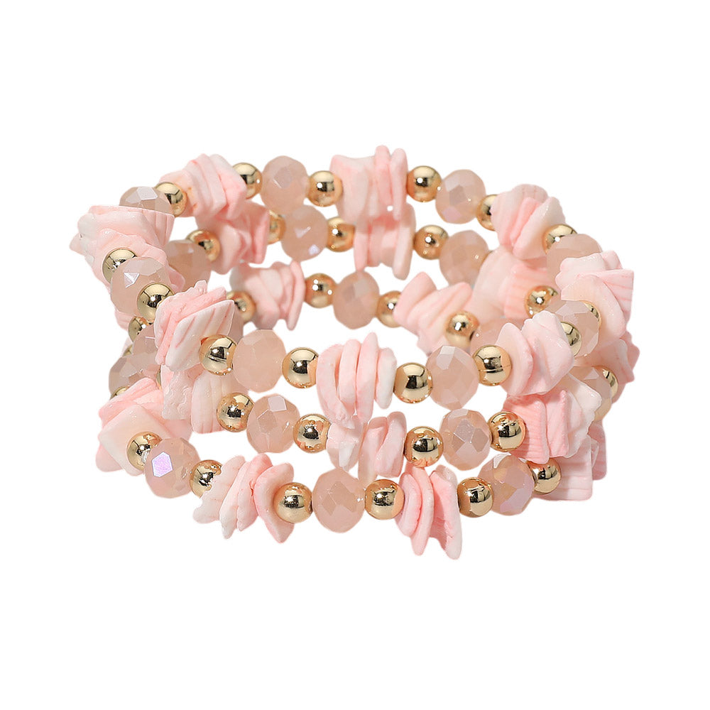 Madeline Love Pink 3PCS - Boho Chip Beaded Stretch Multi Layered Bracelets - desc
