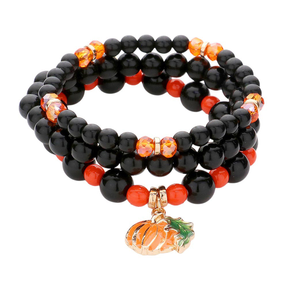Madeline Love Gold, Multi 3PCS - Pumpkin Charm Beaded Stretch Bracelets - desc