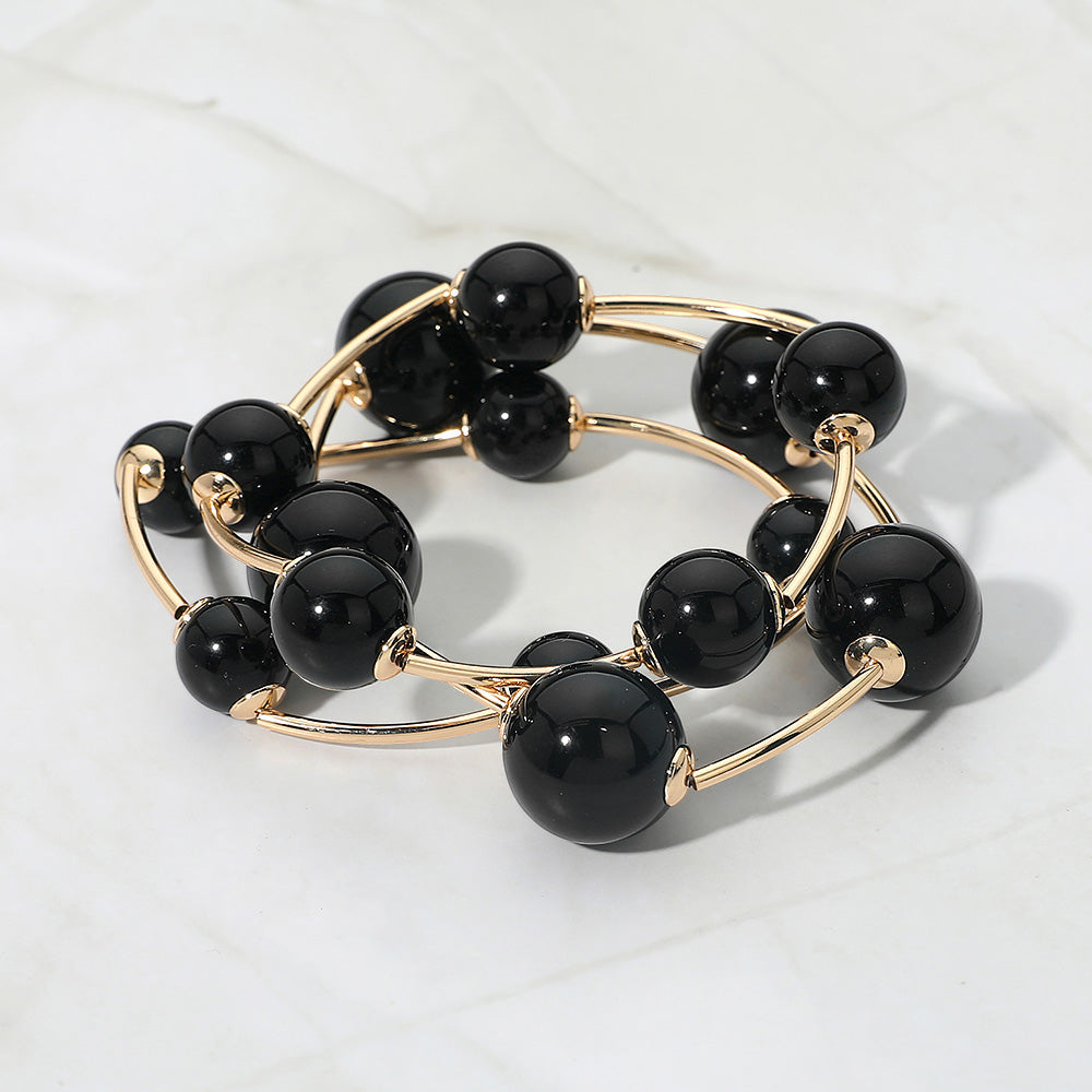 Madeline Love Black, Gold Resin Ball Metal Bar Beaded Stretch Stackable Multi Layered Bracelets