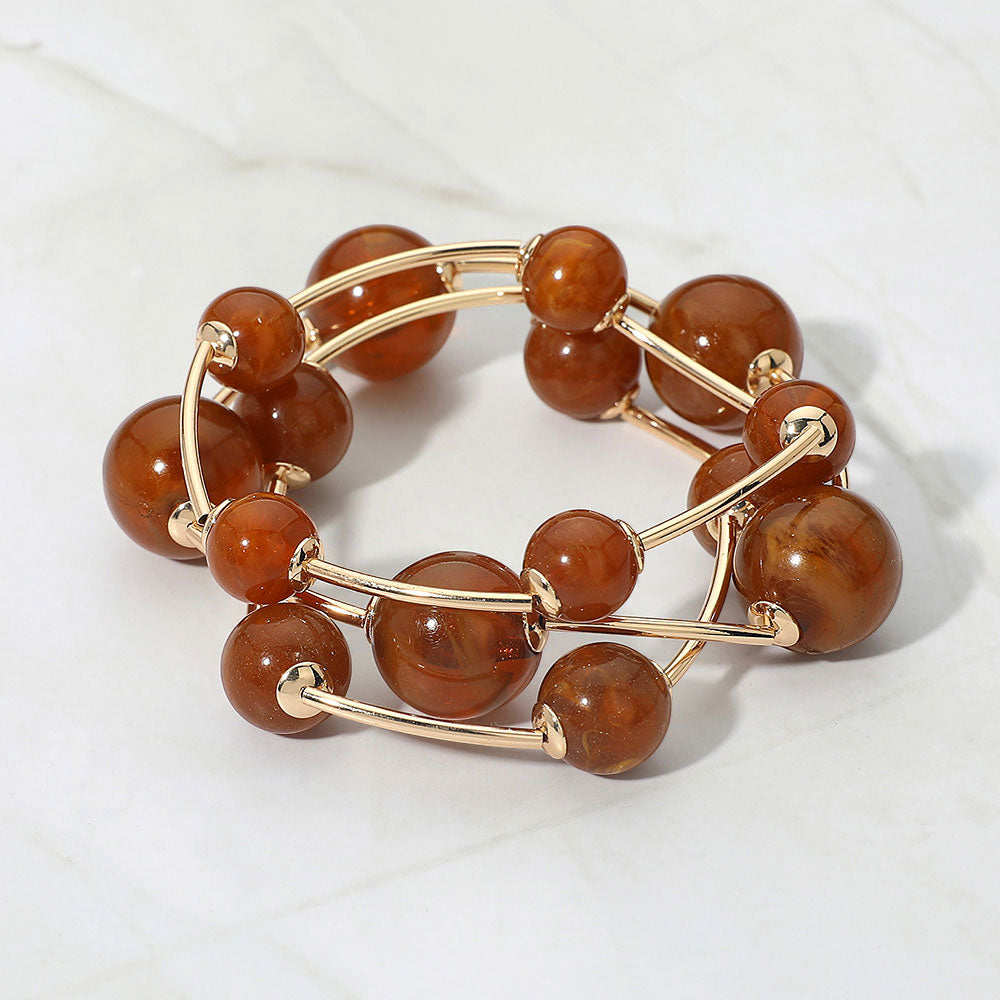 Madeline Love Brown, Gold Resin Ball Metal Bar Beaded Stretch Stackable Multi Layered Bracelets