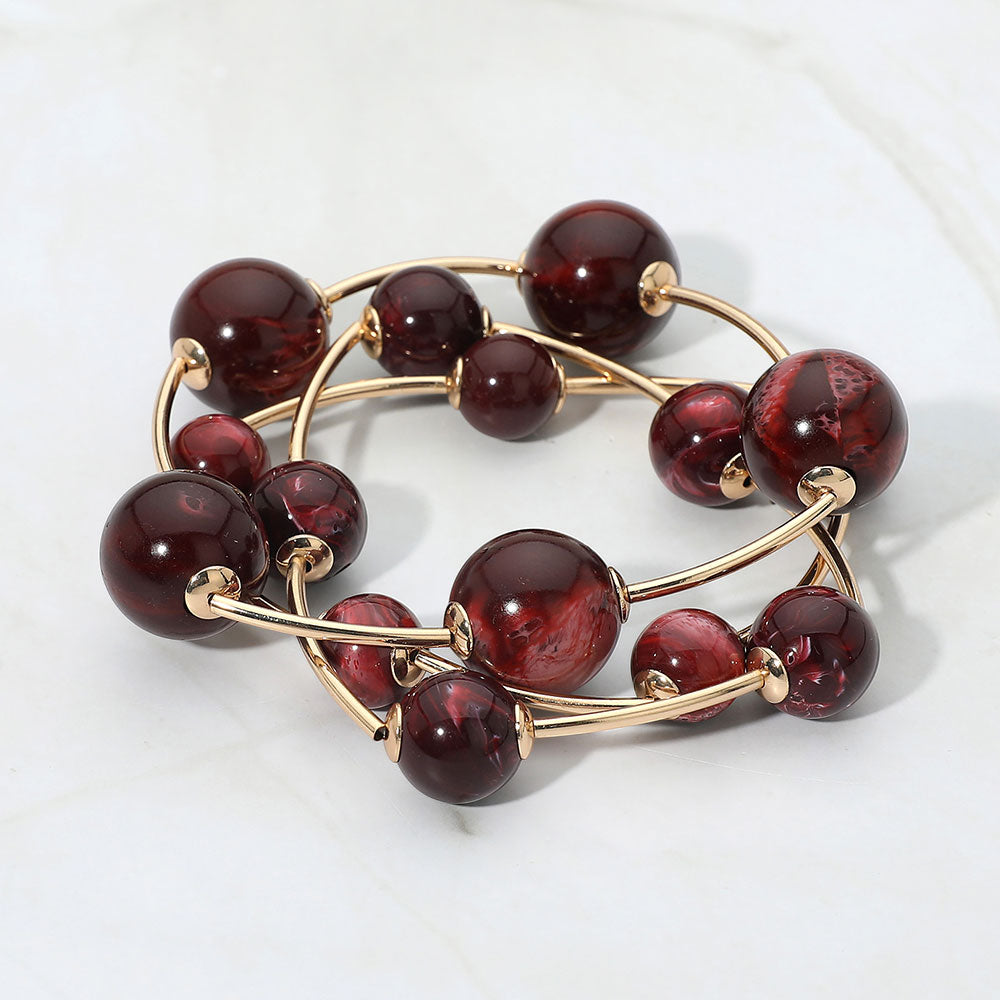 Madeline Love Burgundy, Gold Resin Ball Metal Bar Beaded Stretch Stackable Multi Layered Bracelets