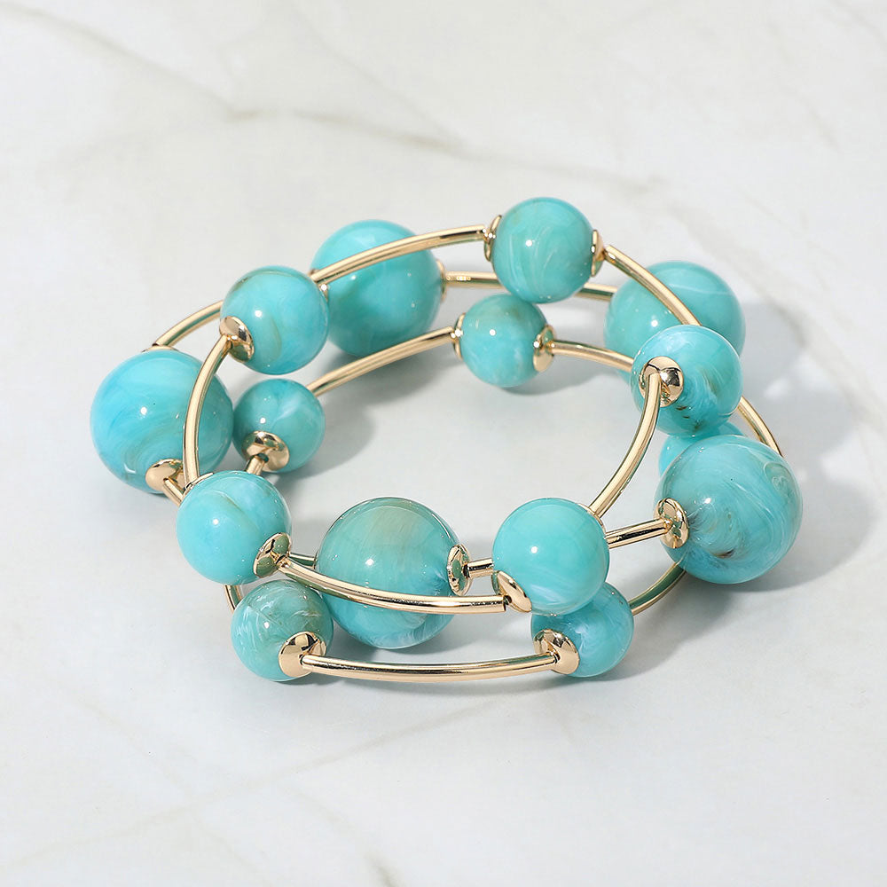 Madeline Love Gold, Turquoise Resin Ball Metal Bar Beaded Stretch Stackable Multi Layered Bracelets