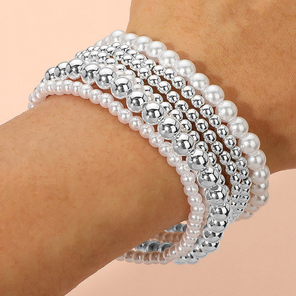 Madeline Love Silver, White Metal Ball Pearl Beaded Stretch Stackable Multi Layered Bracelets