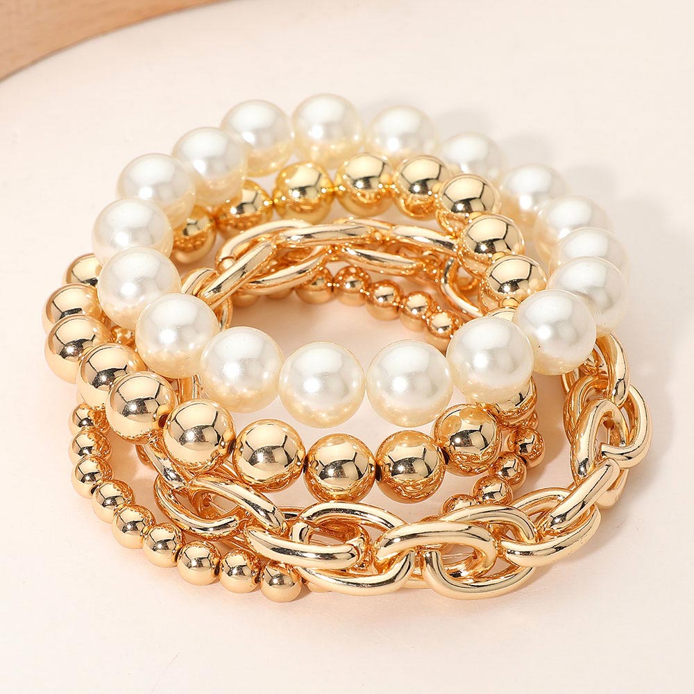Madeline Love Cream, Gold 4PCS - Pearl Metal Ball Mixed Beaded Stretch Multi Layered Bracelets