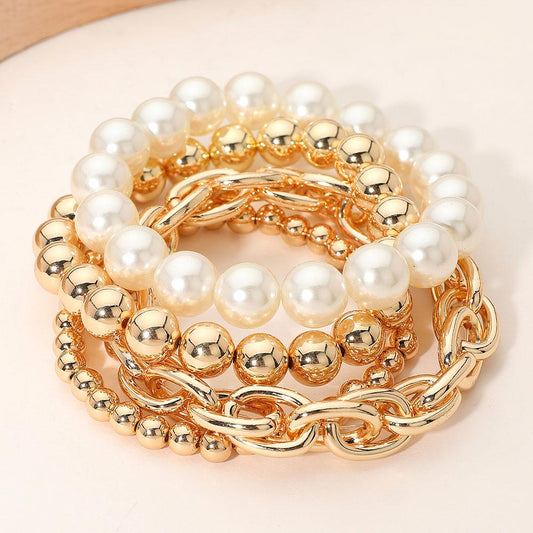 Madeline Love Cream, Gold 4PCS - Pearl Metal Ball Mixed Beaded Stretch Multi Layered Bracelets