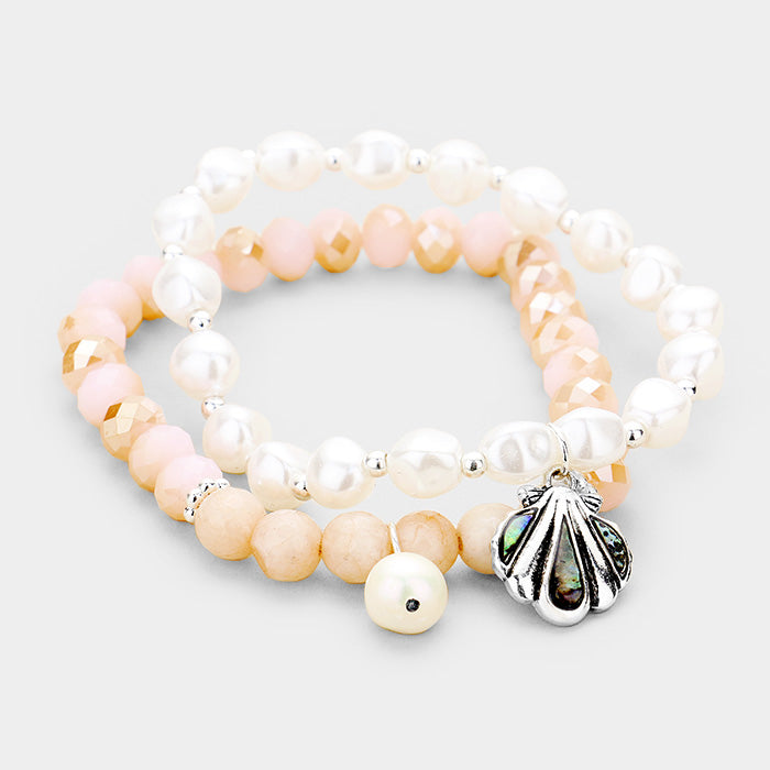 Madeline Love Abalone, Antique Silver, Peach 2PCS Freshwater Pearl Abalone Shell Charm Stretch Bracelet - Bracelets