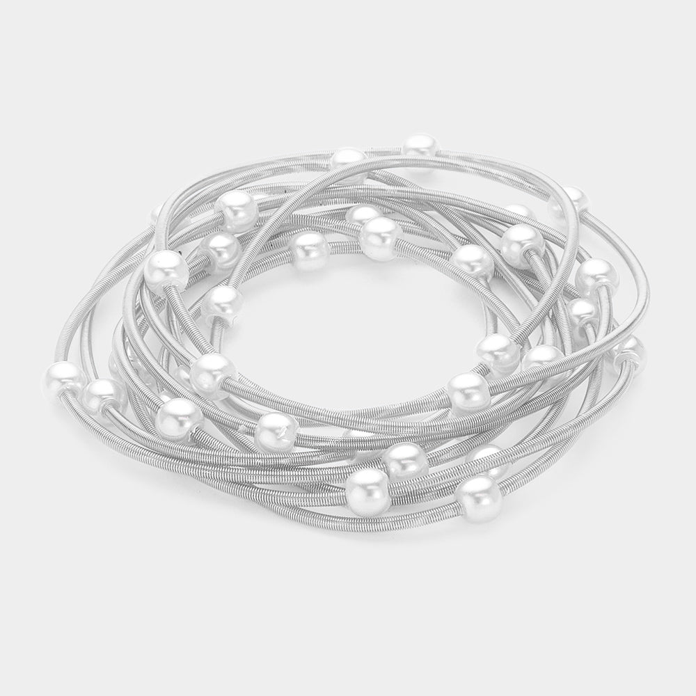 Madeline Love Rhodium, White 10PCS - Pearl Station Stretch Multi Layered Bracelets