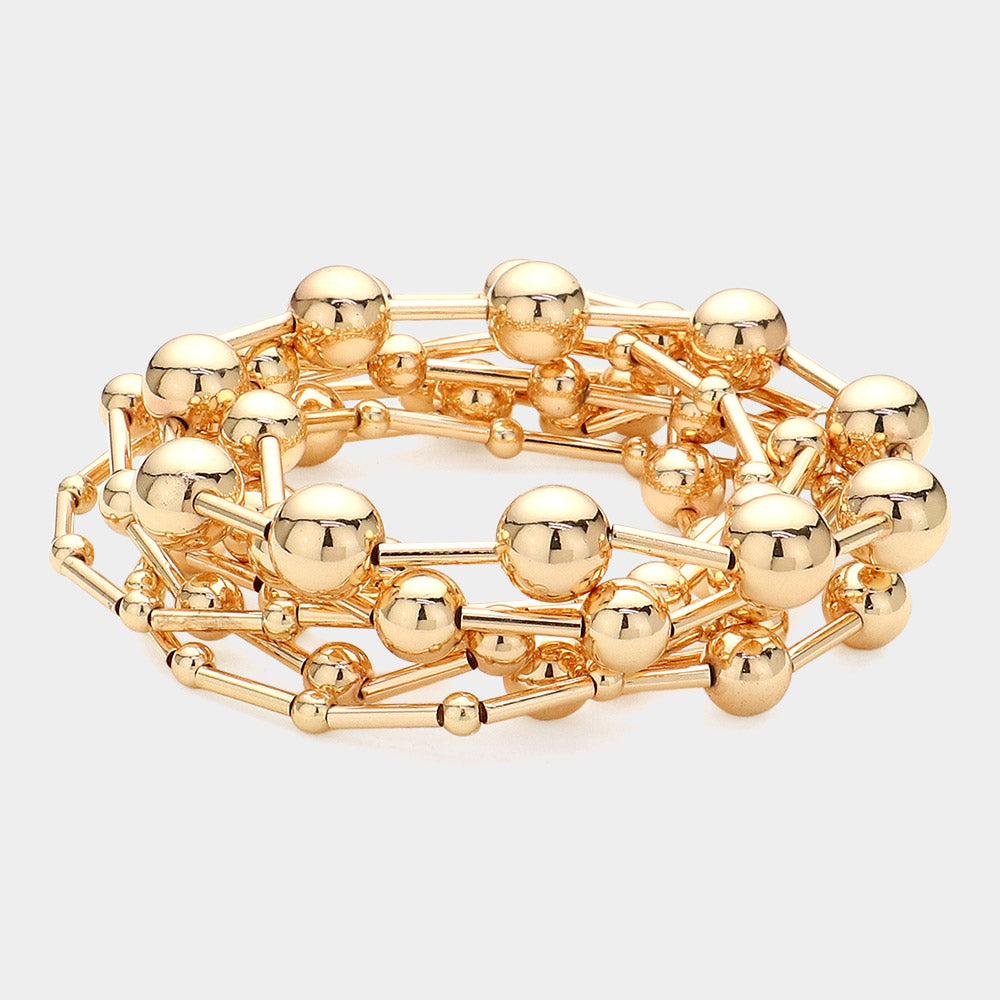 Madeline Love Gold 7PCS - Metal Ball Beaded Stretch Multi Layered Bracelets