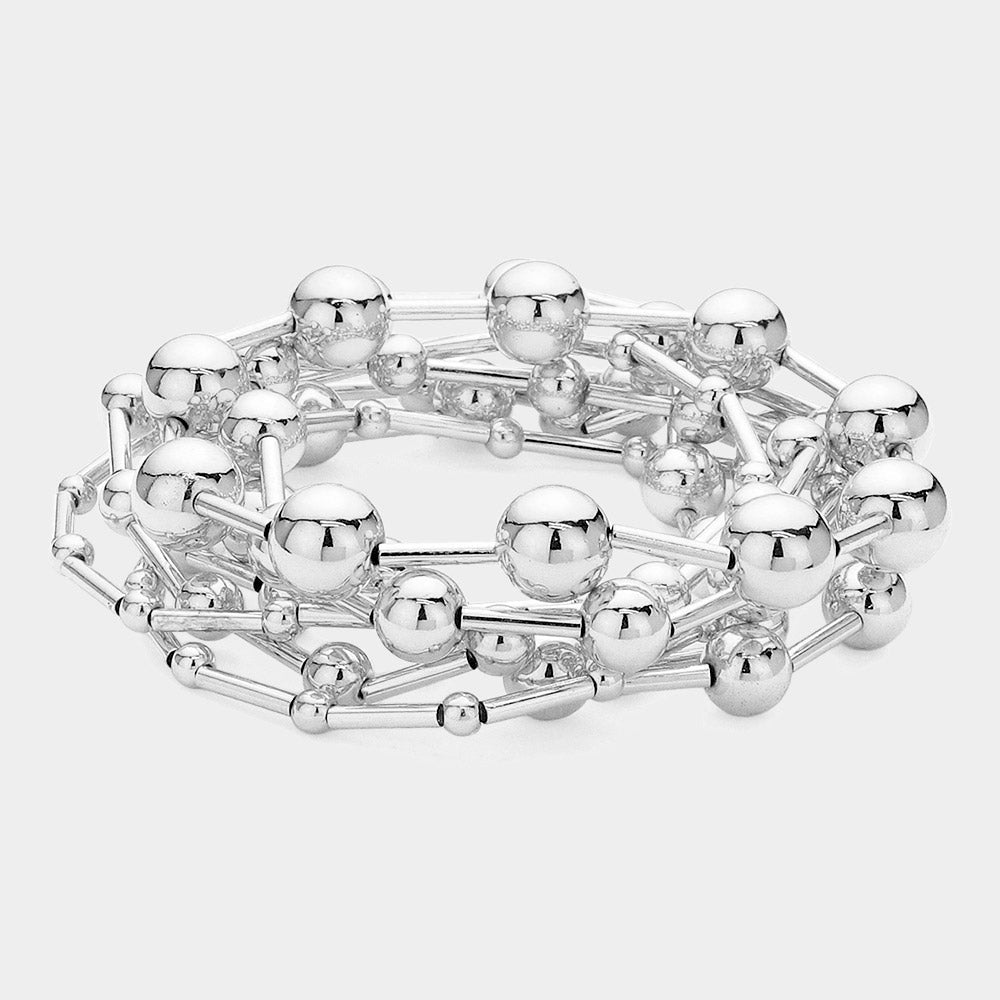 Madeline Love Rhodium 7PCS - Metal Ball Beaded Stretch Multi Layered Bracelets