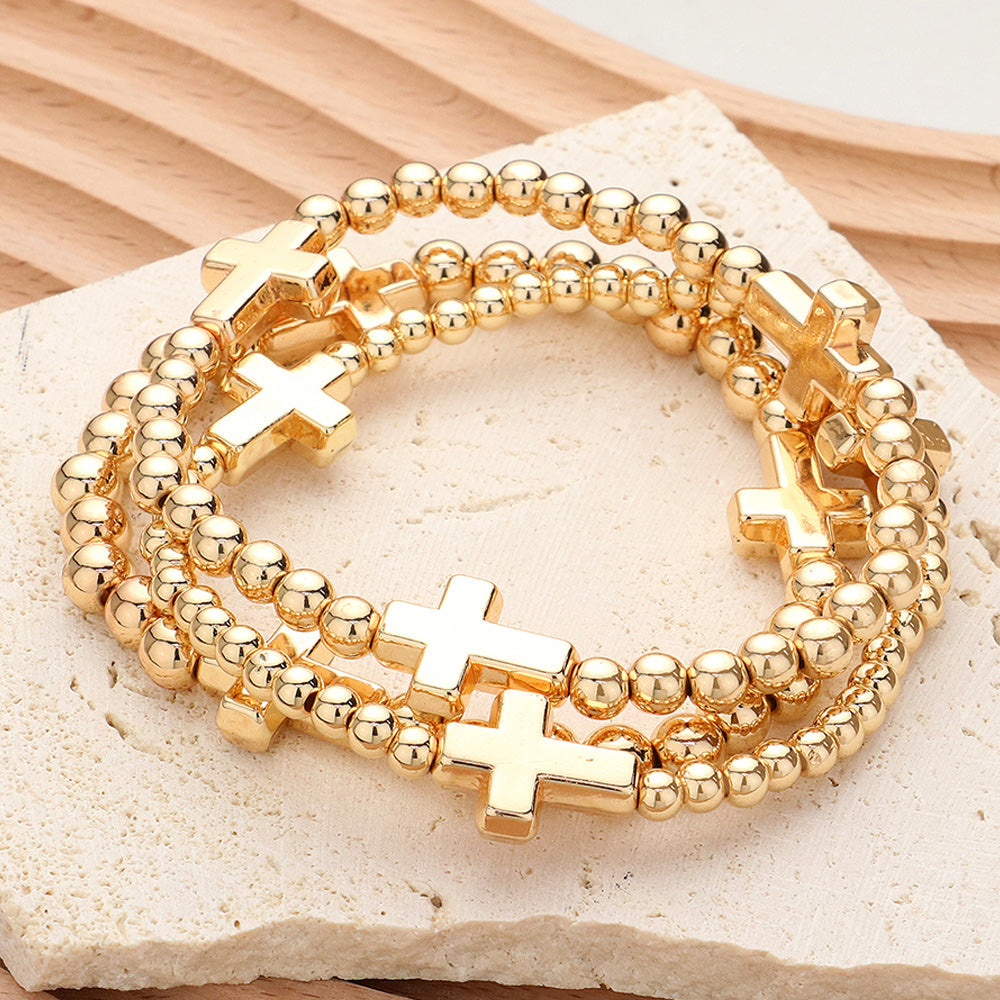 Madeline Love Gold Metal Cross Pointed Ball Beaded Stretch Multi Layered Bracelets