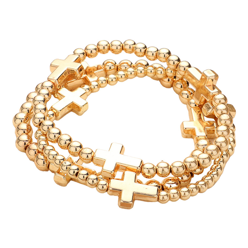 Madeline Love Gold Metal Cross Pointed Ball Beaded Stretch Multi Layered Bracelets - desc