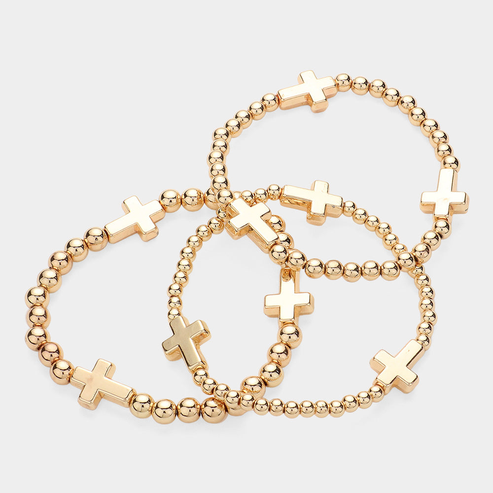 Madeline Love Gold Metal Cross Pointed Ball Beaded Stretch Multi Layered Bracelets - extra