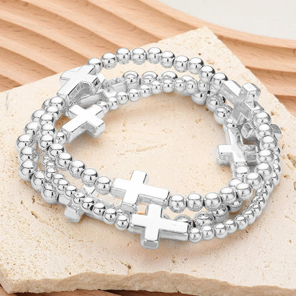 Madeline Love Rhodium Metal Cross Pointed Ball Beaded Stretch Multi Layered Bracelets