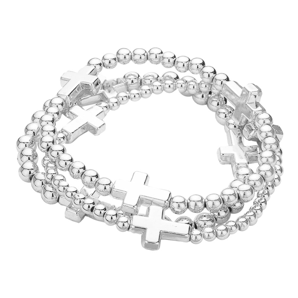 Madeline Love Rhodium Metal Cross Pointed Ball Beaded Stretch Multi Layered Bracelets - desc
