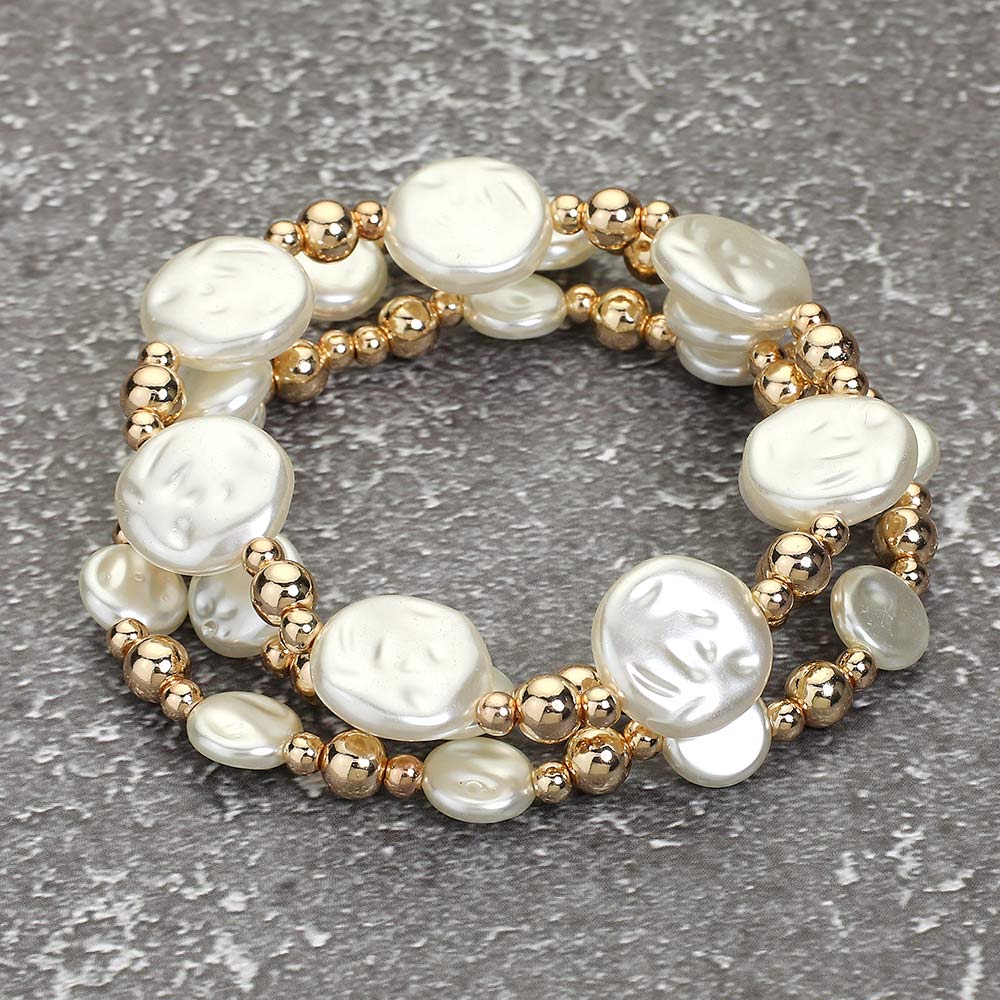 Madeline Love Cream, Gold 3PCS - Pearl Metal Ball Beaded Stretch Multi Layered Bracelets