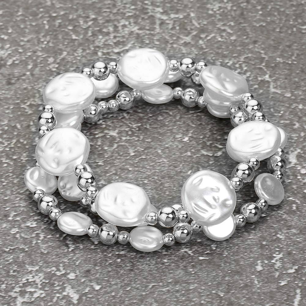 Madeline Love Rhodium, White 3PCS - Pearl Metal Ball Beaded Stretch Multi Layered Bracelets