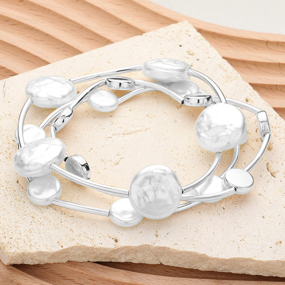 Madeline Love Rhodium, White 3PCS - Natural Pearl Disc Pointed Stretch Multi Layered Bracelets