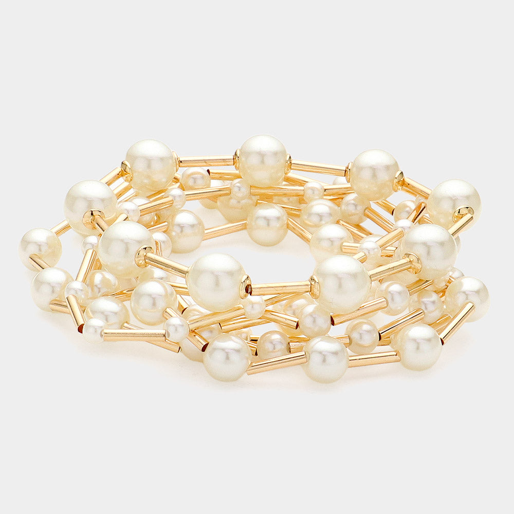 Madeline Love Cream, Gold 7PCS - Pearl Metal Ball Beaded Stretch Multi Layered Bracelets