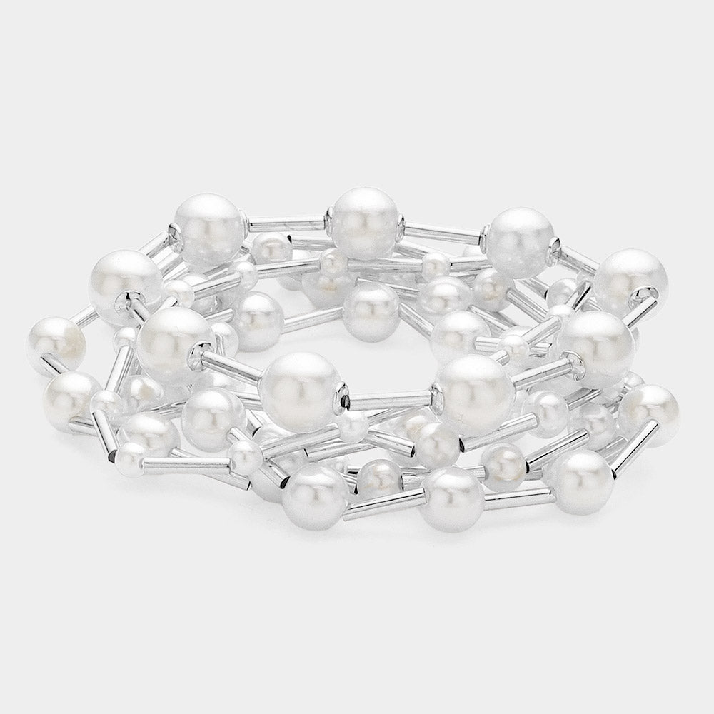Madeline Love Rhodium, White 7PCS - Pearl Metal Ball Beaded Stretch Multi Layered Bracelets