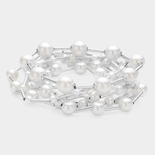 Madeline Love Rhodium, White 7PCS - Pearl Metal Ball Beaded Stretch Multi Layered Bracelets