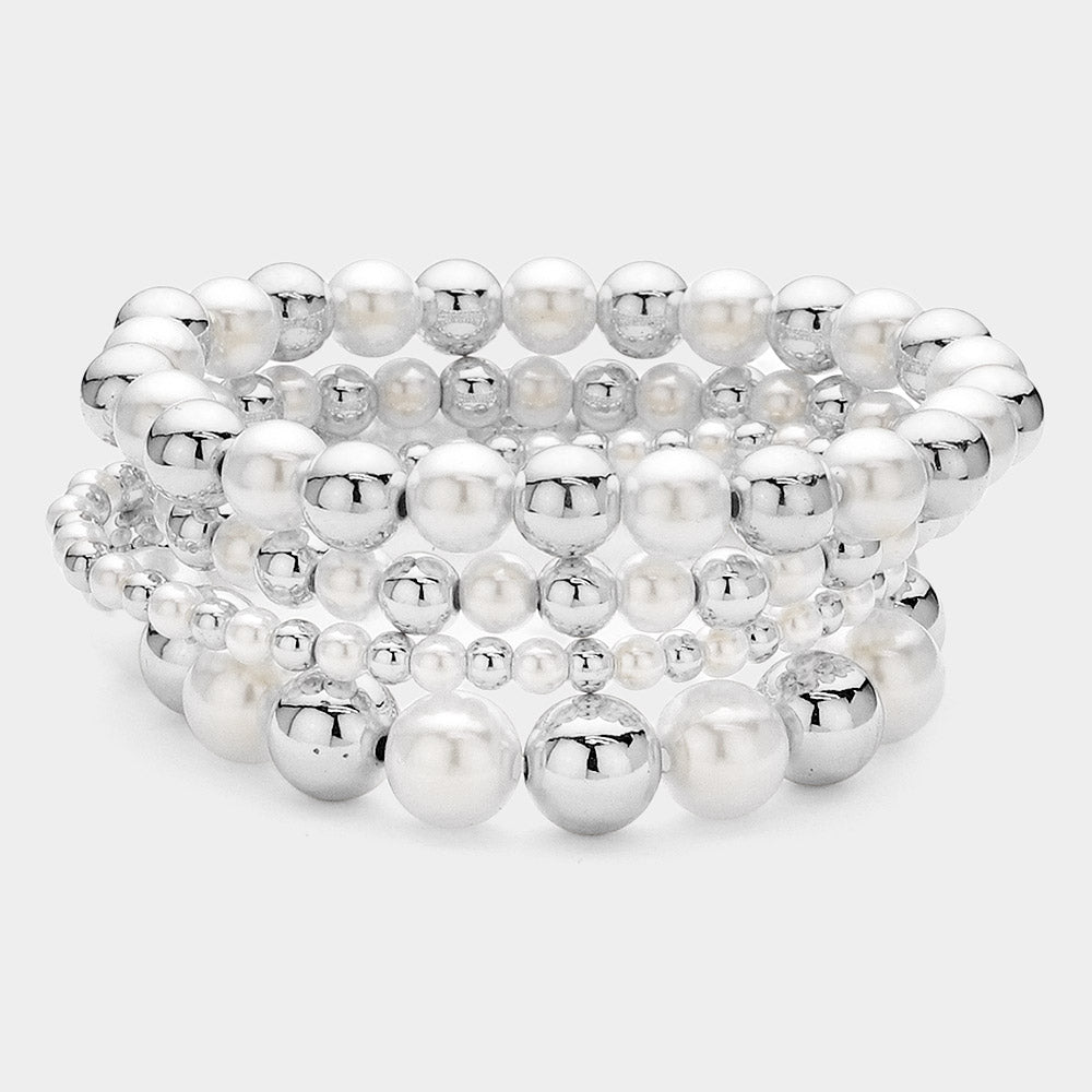 Madeline Love Rhodium, White 4PCS - Pearl Metal Beaded Stretch Multi Layered Bracelets