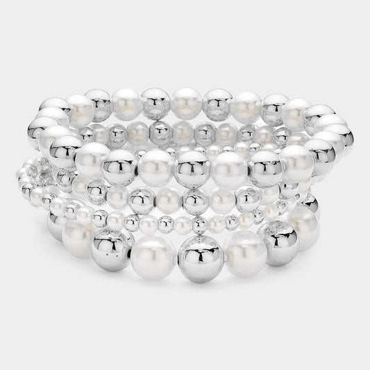 Madeline Love Rhodium, White 4PCS - Pearl Metal Beaded Stretch Multi Layered Bracelets