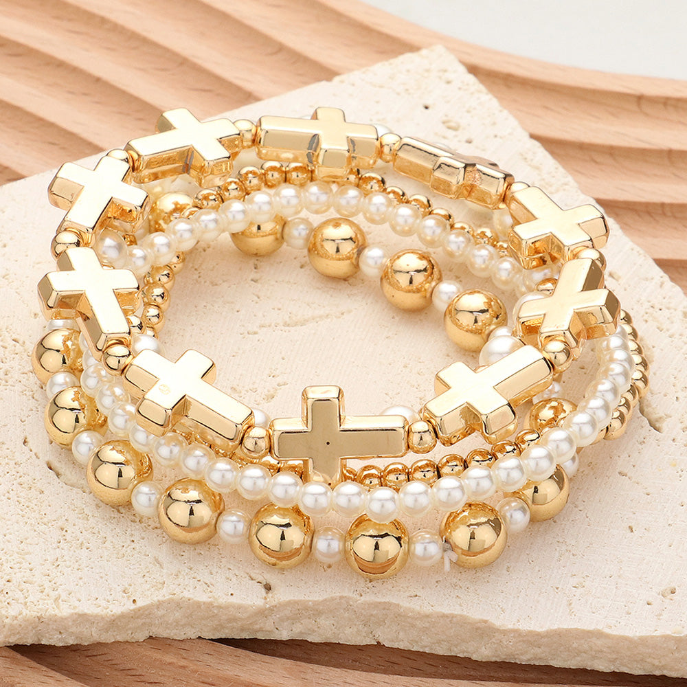 Madeline Love Cream, Gold 5PCS - Metal Cross Pearl Beaded Stretch Multi Layered Bracelets
