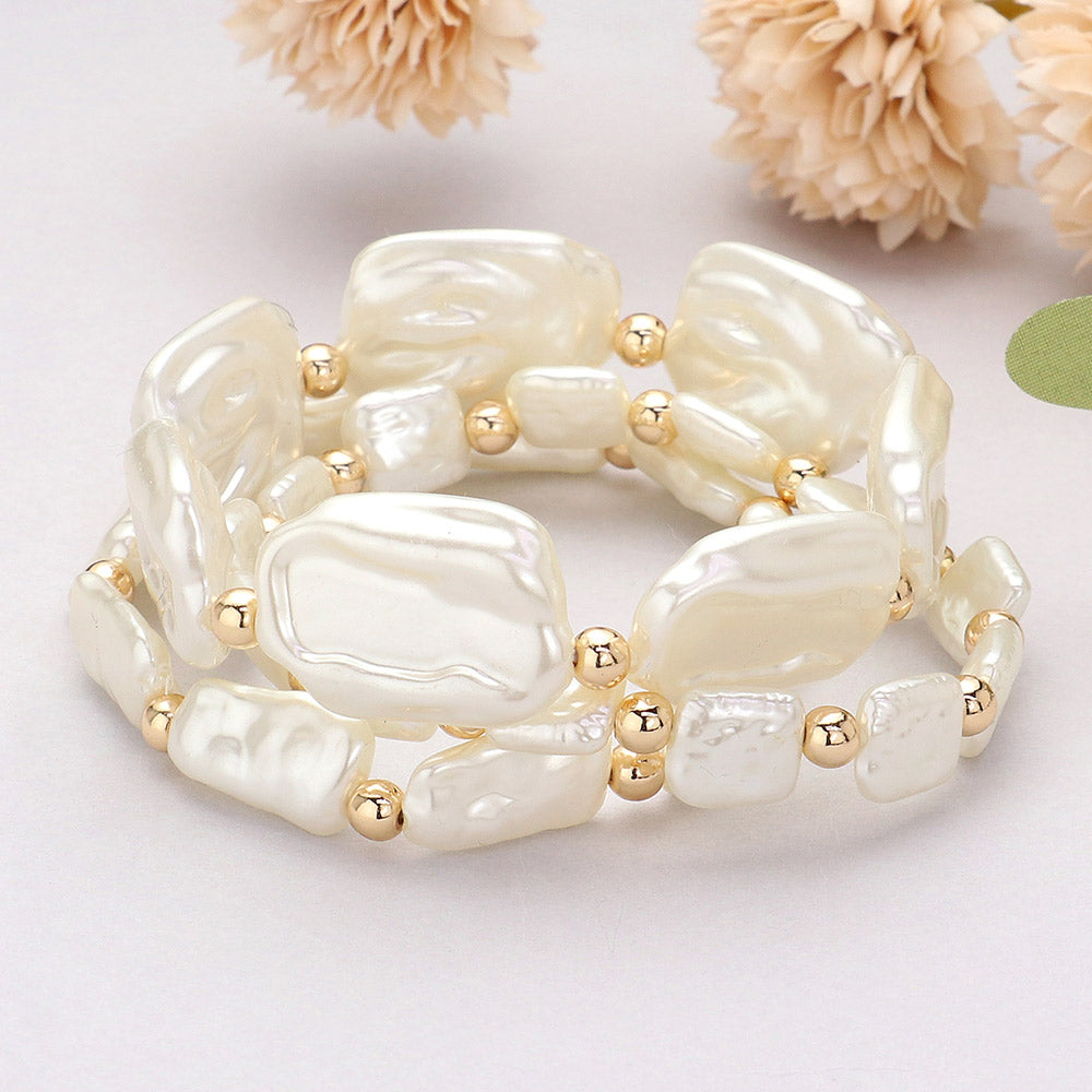 Madeline Love Cream, Gold Irregular Pearl Beaded Stretch Multi Layered Bracelets