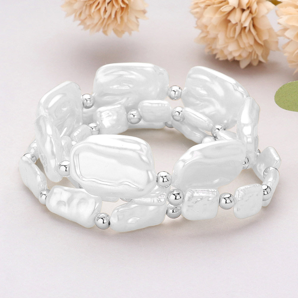 Madeline Love Rhodium, White 3PCS - Irregular Pearl Beaded Stretch Multi Layered Bracelets