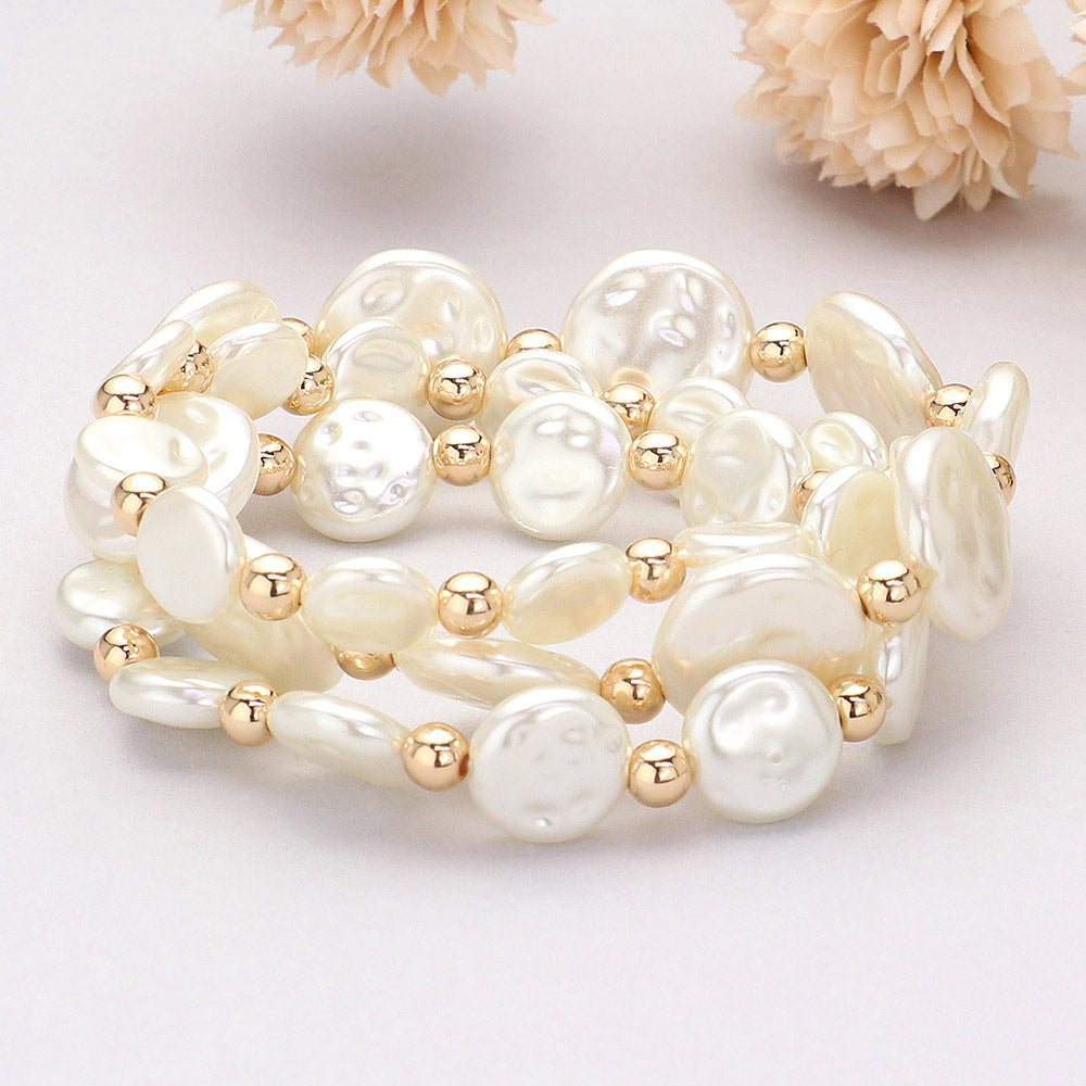 Madeline Love Cream, Gold 3PCS - Pearl Disc Beaded Stretch Multi Layered Bracelets