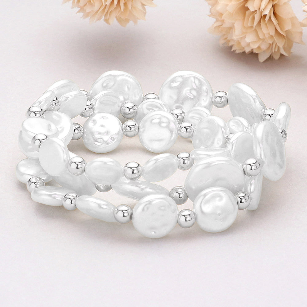 Madeline Love Rhodium, White 3PCS - Pearl Disc Beaded Stretch Multi Layered Bracelets