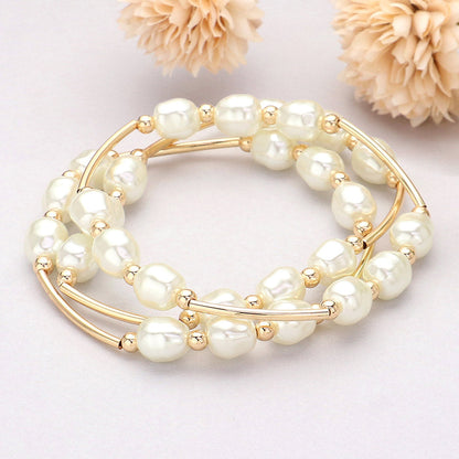 Madeline Love Cream, Gold Triple Freshwater Pearl Beaded Station Stretch Multi Layered Bracelets