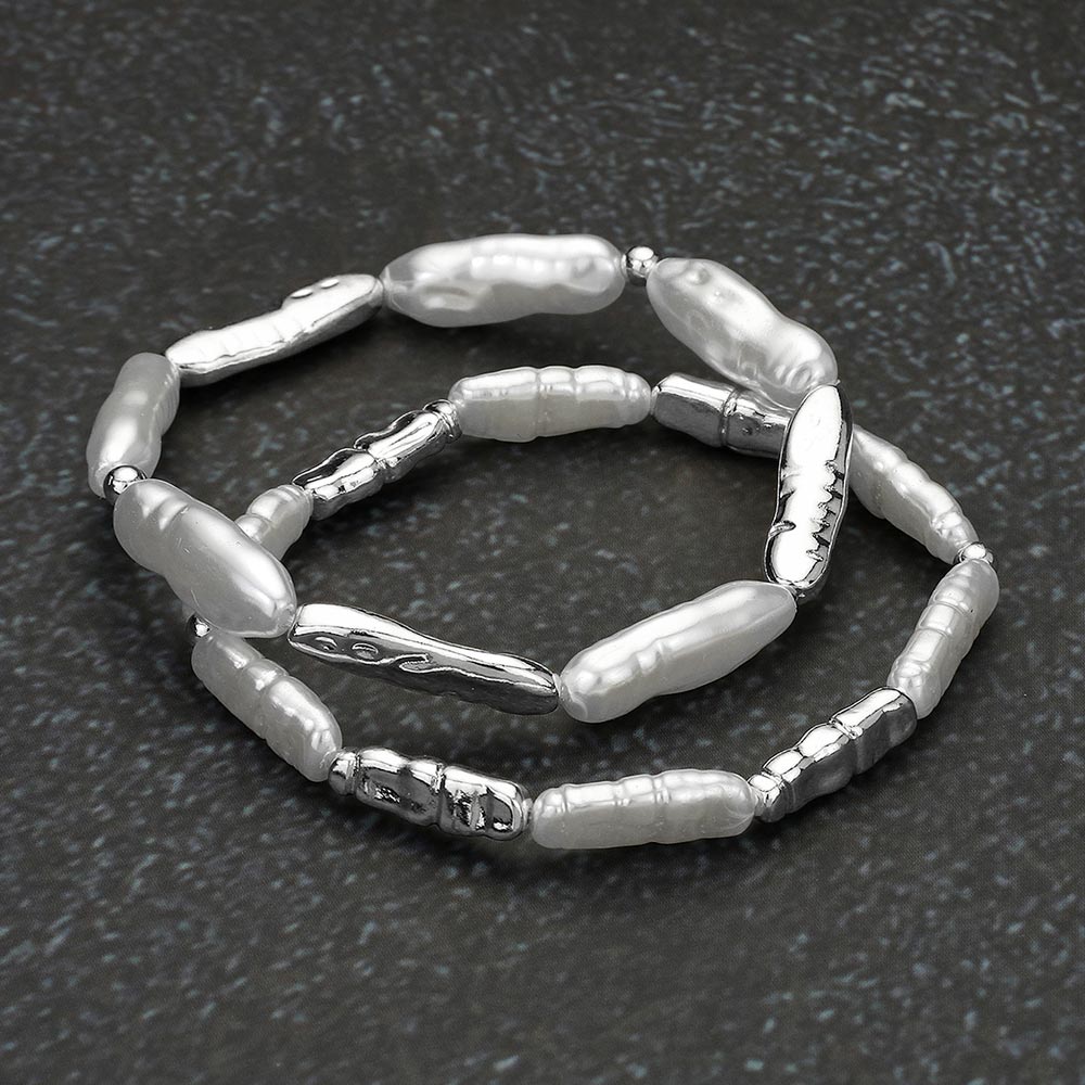 Madeline Love Rhodium, White 2PCS - Pearl Textured Metal Beaded Stretch Multi Layered Bracelets
