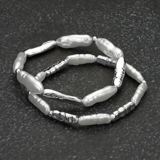 Madeline Love Rhodium, White 2PCS - Pearl Textured Metal Beaded Stretch Multi Layered Bracelets