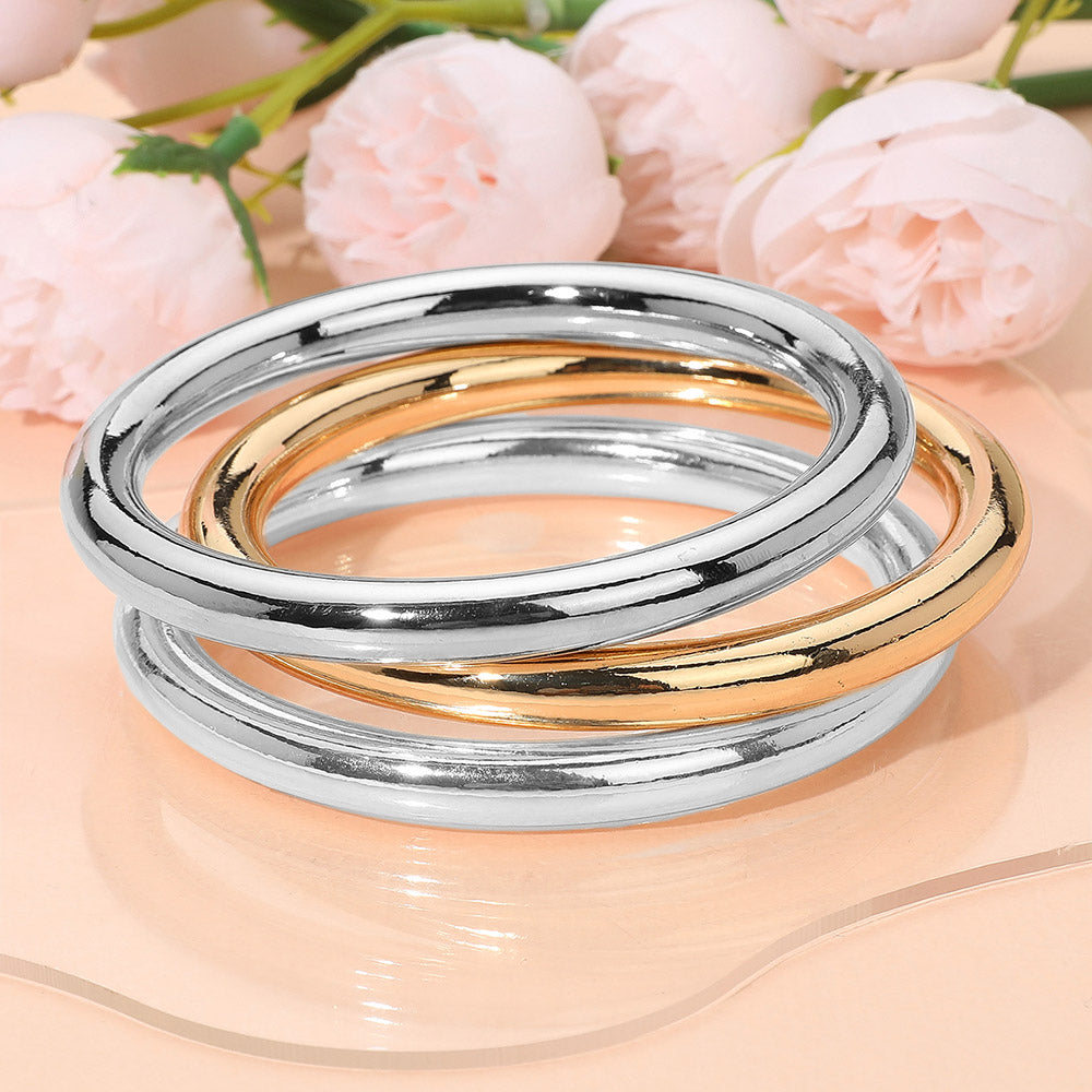 Madeline Love Gold, Rhodium 3PCS - Glossy Metal Bangle Multi Layered Bracelets