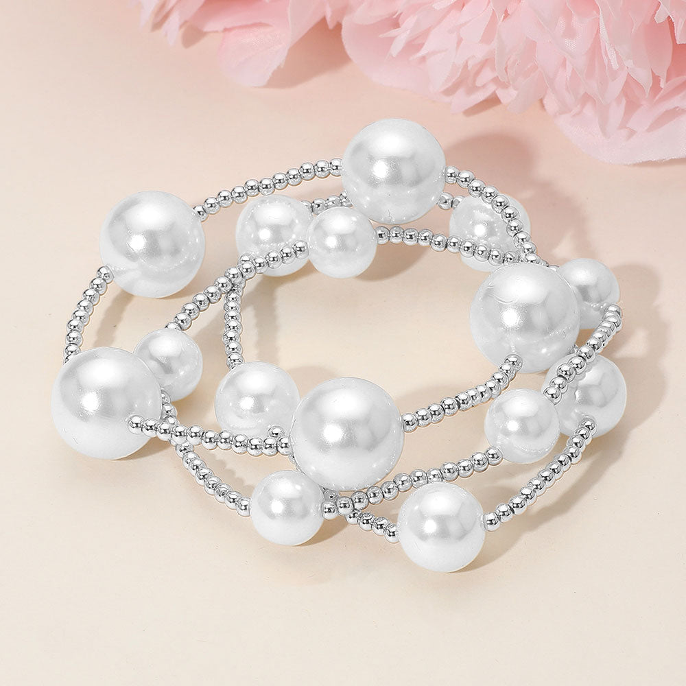 Madeline Love Rhodium, White 3PCS - Chunky Pearl Accent Metal Ball Beaded Stretch Multi Layered Bracelets