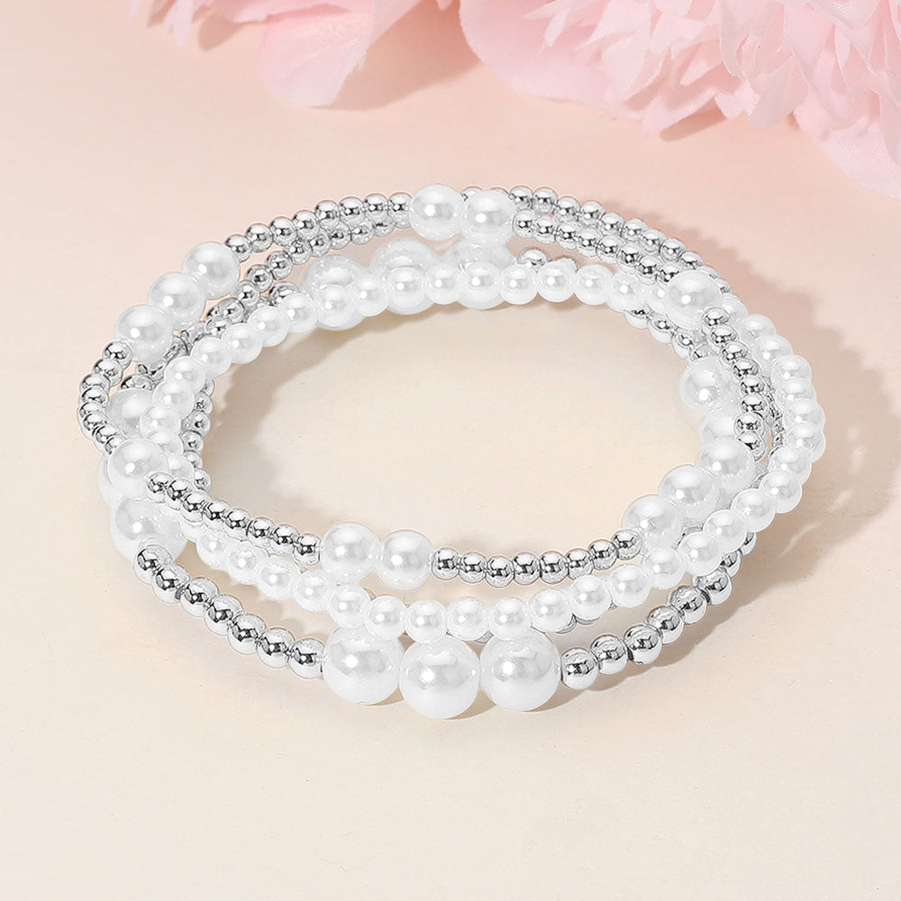 Madeline Love Silver, White 4PCS - Pearl Metal Ball Beaded Stretch Multi Layered Bracelets