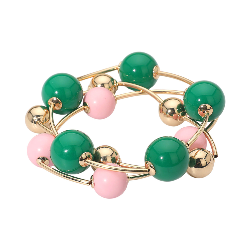 Madeline Love Pink&Green 3PCS - Bold Bubble Beaded Stretch Multi Layered Bracelets - desc
