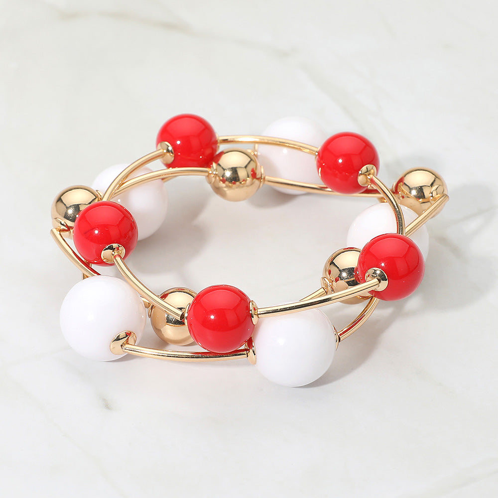 Madeline Love Red, White 3PCS - Bold Bubble Beaded Stretch Multi Layered Bracelets