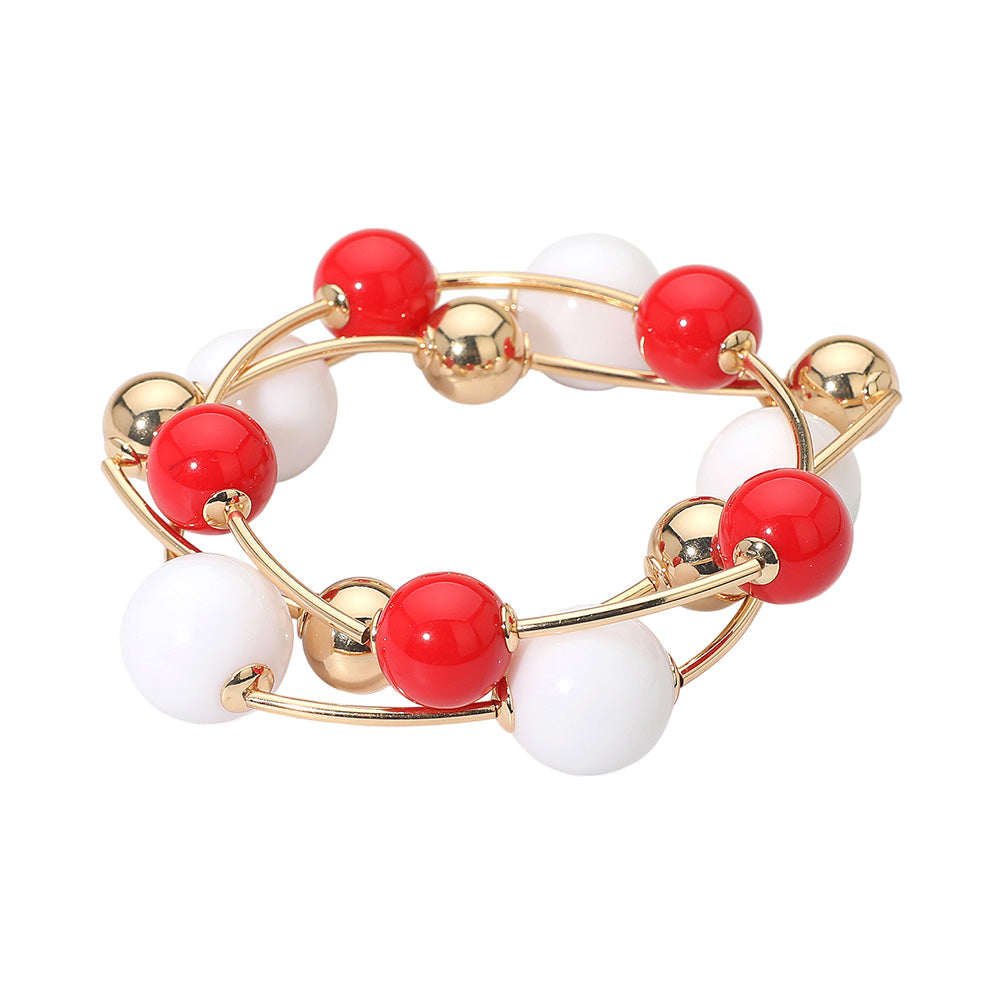 Madeline Love Red, White 3PCS - Bold Bubble Beaded Stretch Multi Layered Bracelets - desc