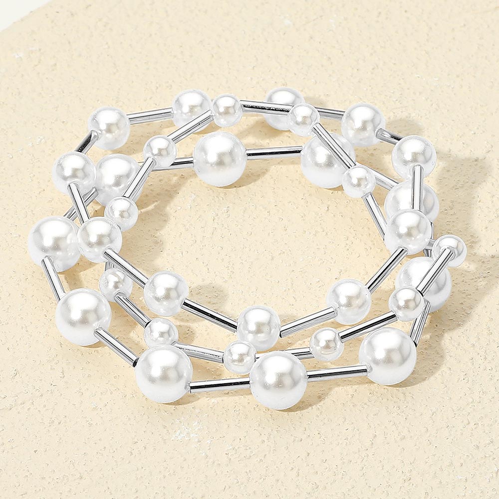 Madeline Love Rhodium, White 3PCS - Pearl Metal Bar Beaded Stretch Multi Layered Bracelets
