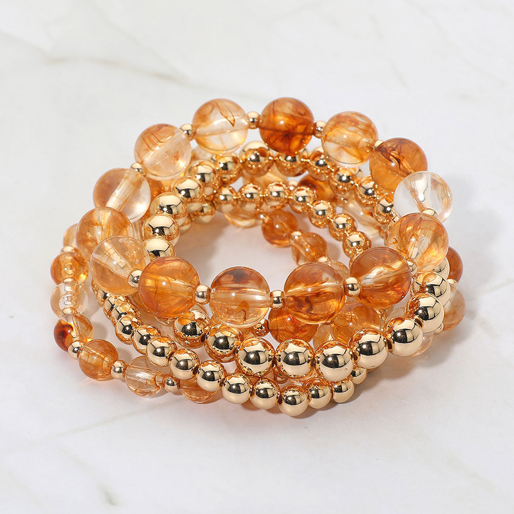 Madeline Love Gold, Orange 5PCS - Resin Metal Ball Beaded Stretch Multi Layered Bracelets