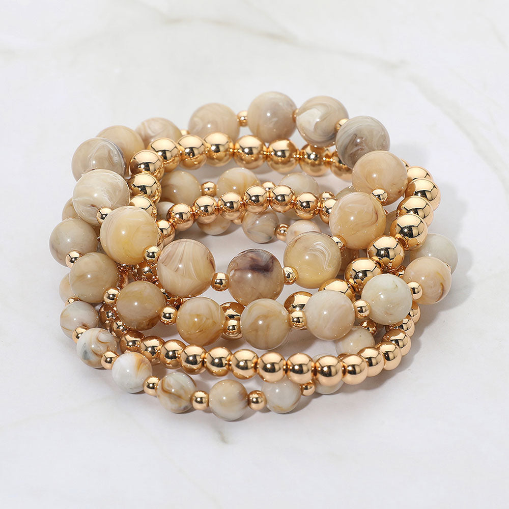 Madeline Love Beige, Gold 5PCS - Resin Metal Ball Beaded Stretch Multi Layered Bracelets