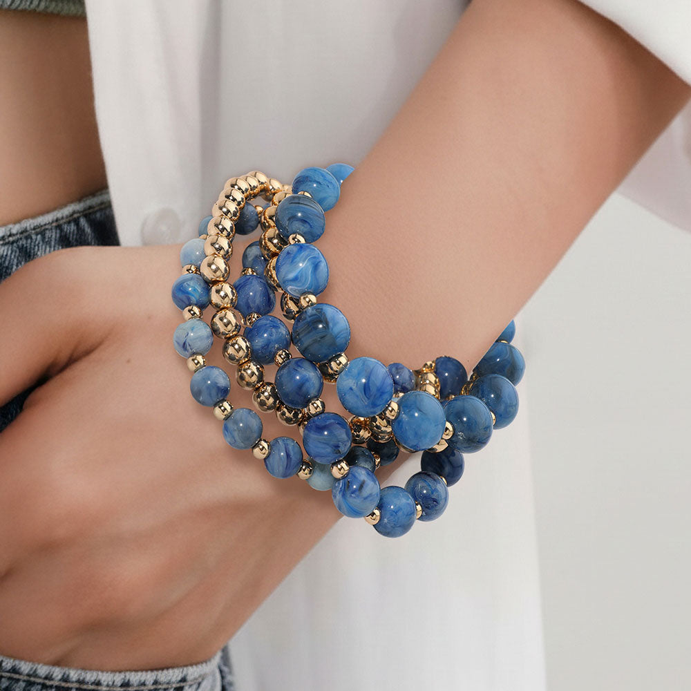 Madeline Love Blue, Gold 5PCS - Resin Metal Ball Beaded Stretch Multi Layered Bracelets