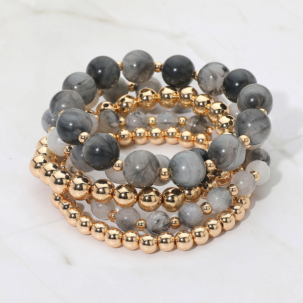 Madeline Love Gold, Gray 5PCS - Resin Metal Ball Beaded Stretch Multi Layered Bracelets