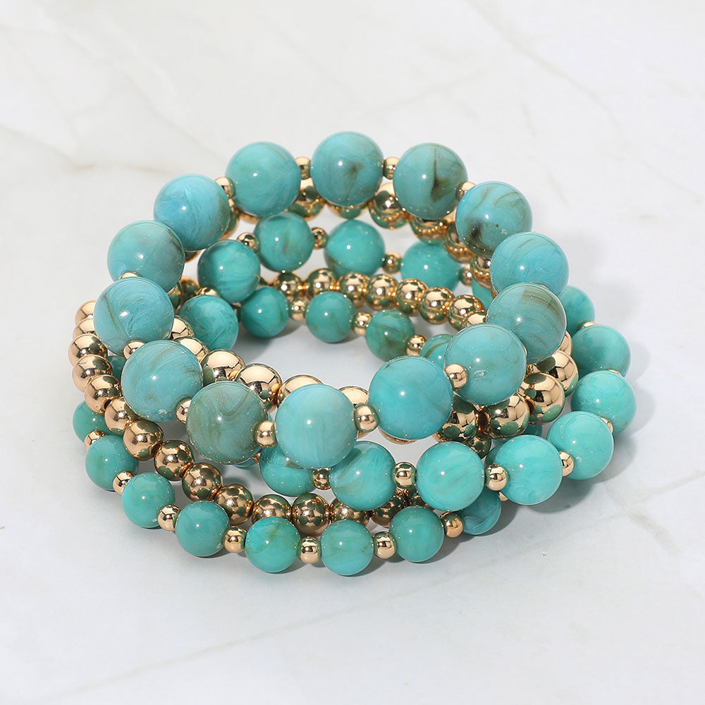 Madeline Love Gold, Turquoise 5PCS - Resin Metal Ball Beaded Stretch Multi Layered Bracelets