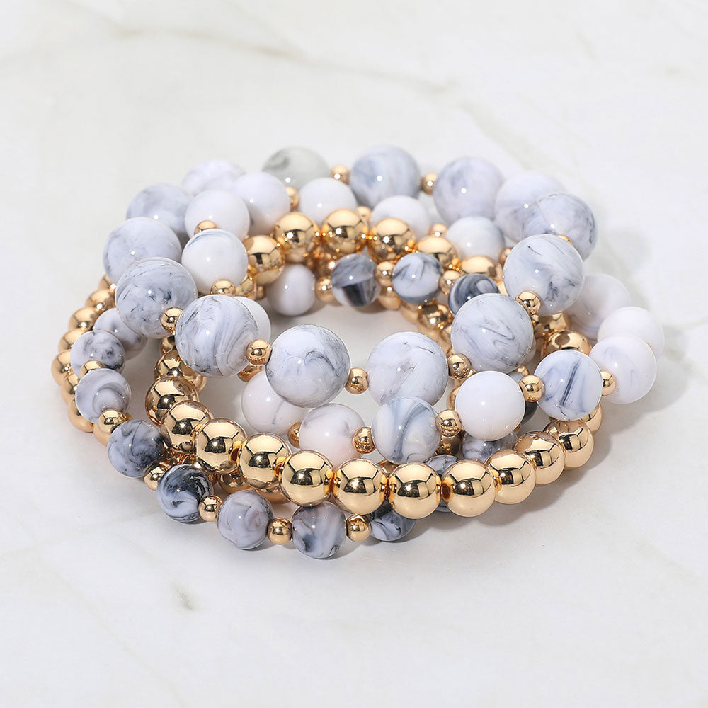 Madeline Love Gold, White 5PCS - Resin Metal Ball Beaded Stretch Multi Layered Bracelets