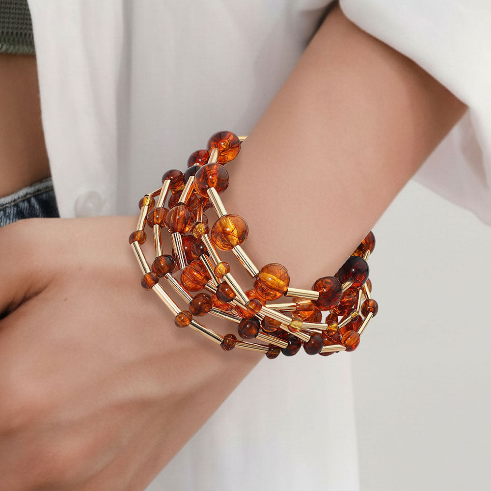 Madeline Love Gold, Tortoise 7PCS - Resin Ball Metal Bar Beaded Stretch Multi Layered Bracelets