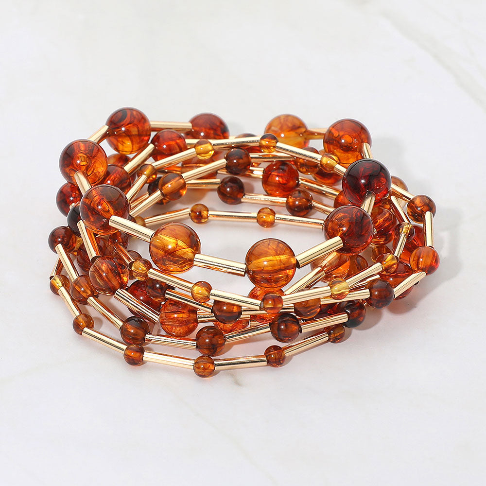 Madeline Love Gold, Tortoise 7PCS - Resin Ball Metal Bar Beaded Stretch Multi Layered Bracelets - desc